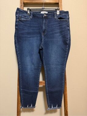 KanCan Navy Frayed Hem High-Rise Ankle Jeans